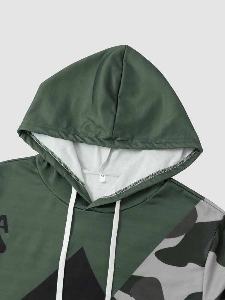 Män Spade Camo Print Patchwork Dragsko Kangaroo Pocket Hoodies