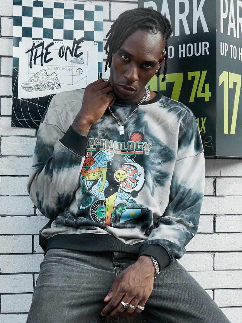 Män Tie Dye Cartoon Print Crew Neck Sweatshirt