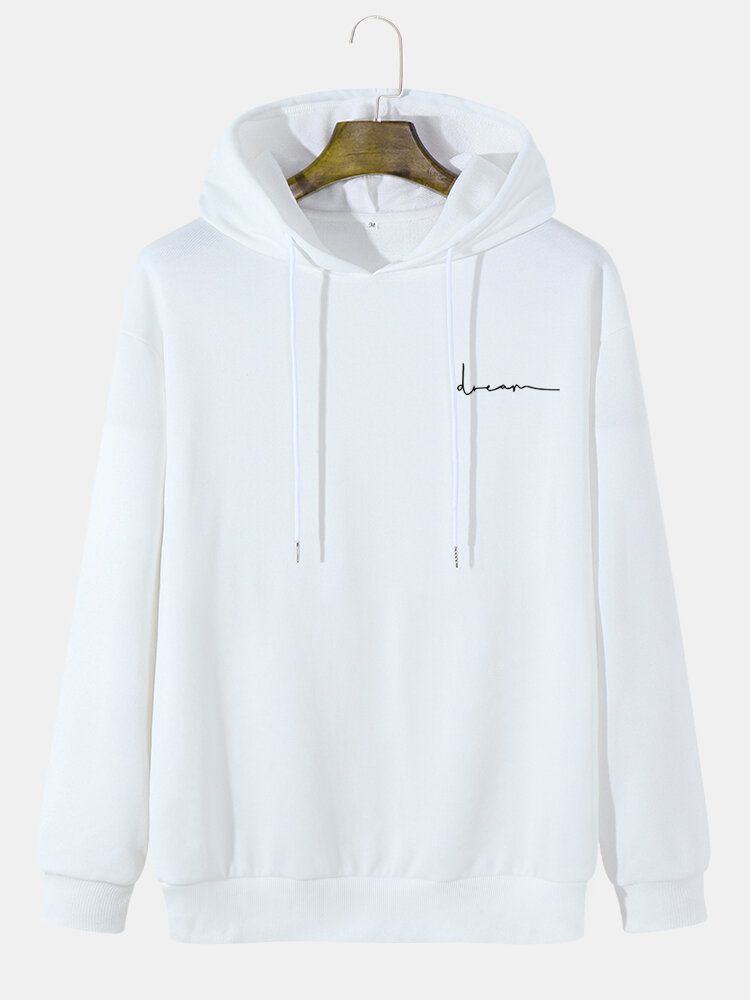 Mans Script Letter Print Drop Shoulder Casual Huvtröjor Med Dragsko