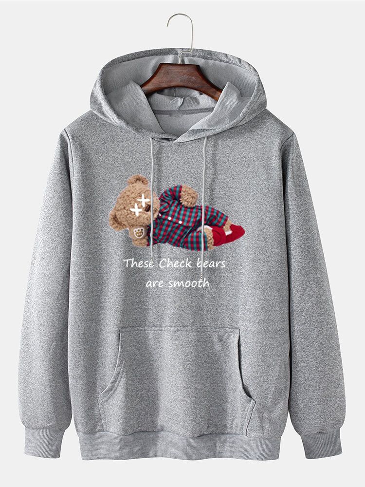 Rutig Björn För Män Bokstavstryck I Bomull Hoodies Med Dragsko Med Ficka