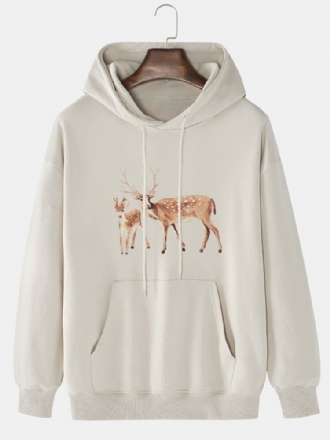 Tecknad Älgtryck För Män För Män Med Drop Shoulder Kangaroo Pocket Hoodies