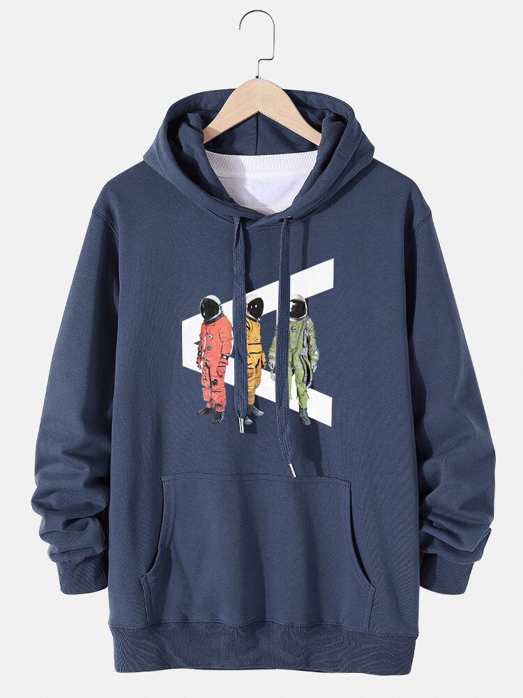 Tecknad Astronauttryck För Män Casual Pullover Huvtröja Med Känguruficka