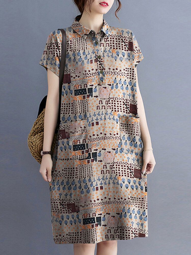 Blomma Abstrakt Painted Print Button Pocket Lapel Midi Dress