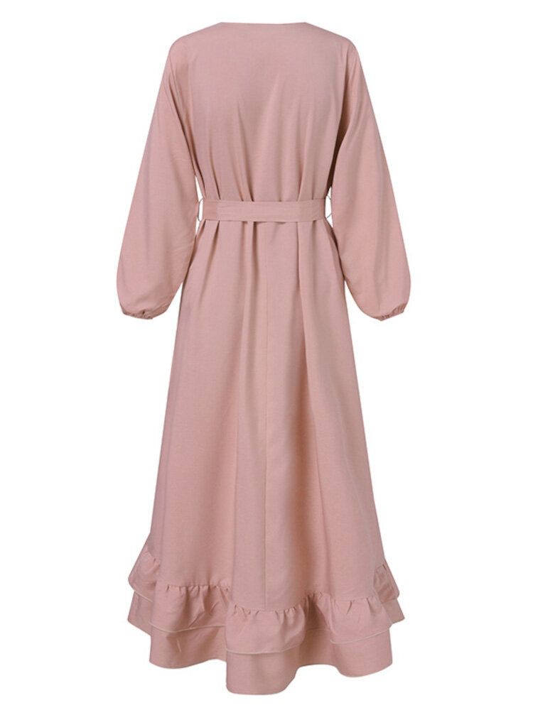 Dam Långärmad Solid Volanger Hem Abaya Kaftan Veck Midiklänningar Med Knapp