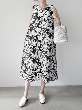 Flower Print Fick Rund Neck Ärmlös Casual Midi-klänning