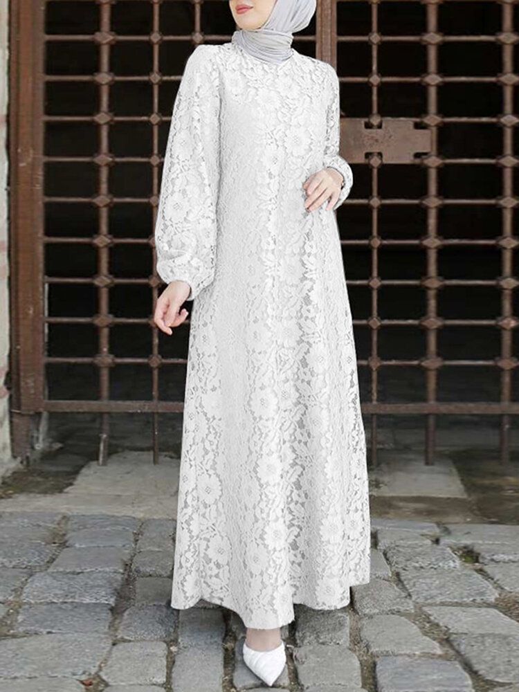 Kvinnor 100% Bomull Abaya Kaftan Lace Patchwork Casual Midiklänning För Bröllop