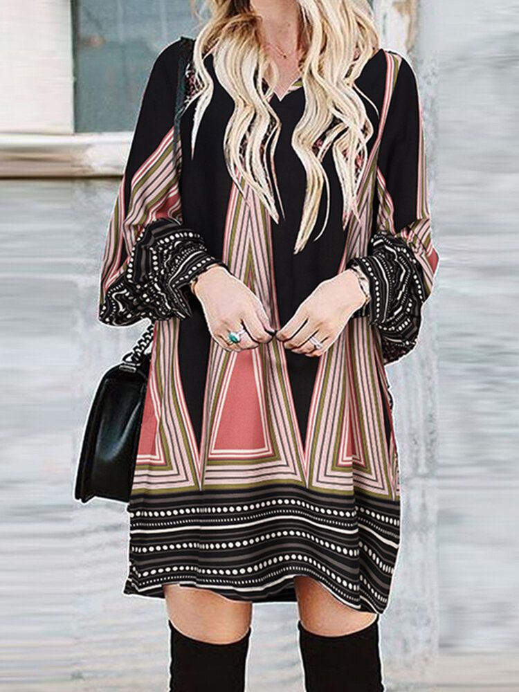 Kvinnor Bohemian Puff Sleeve V-ringad Knälångt Tryck Midiklänningar