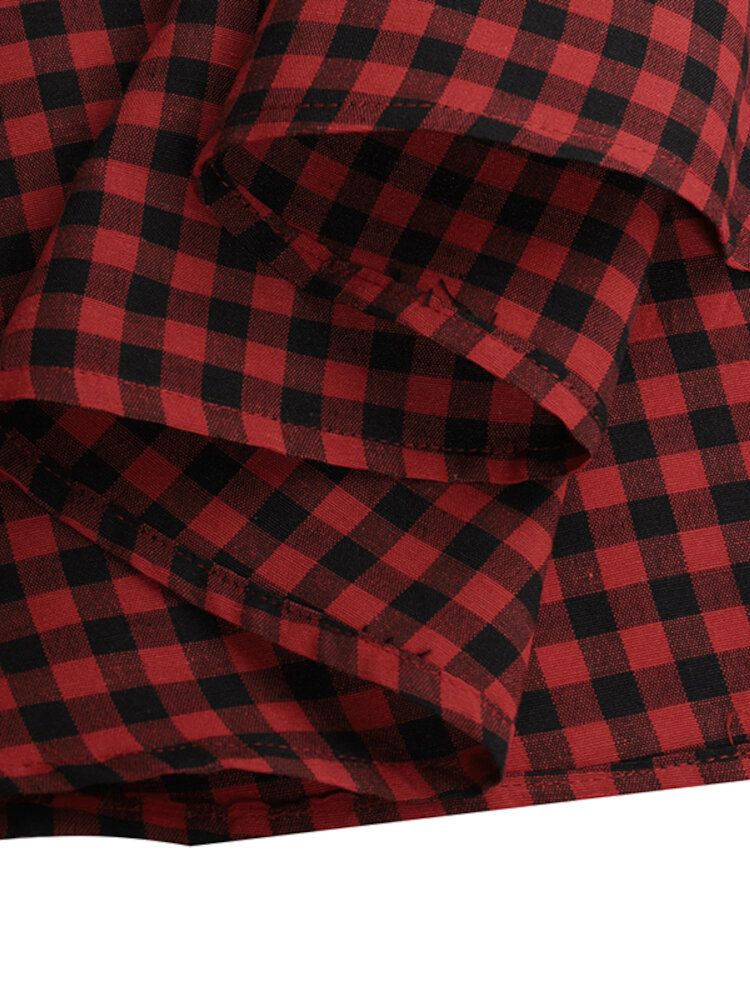 Kvinnor Squre Neck Pläd Vadlånga Sidfickor Casual Midiklänningar