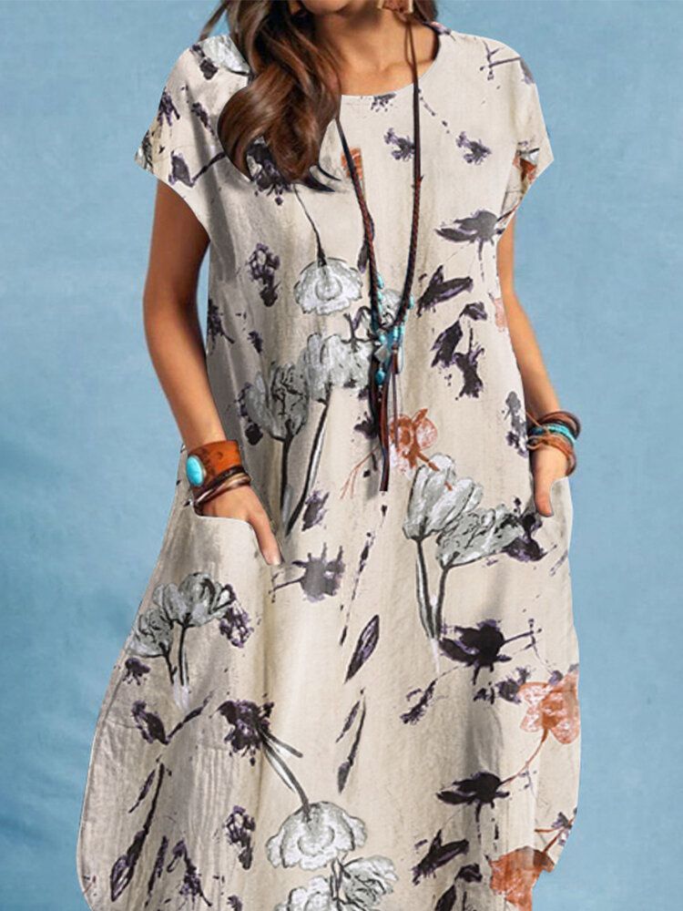 Plant Print Pocket Kortärmad Casual Midiklänning
