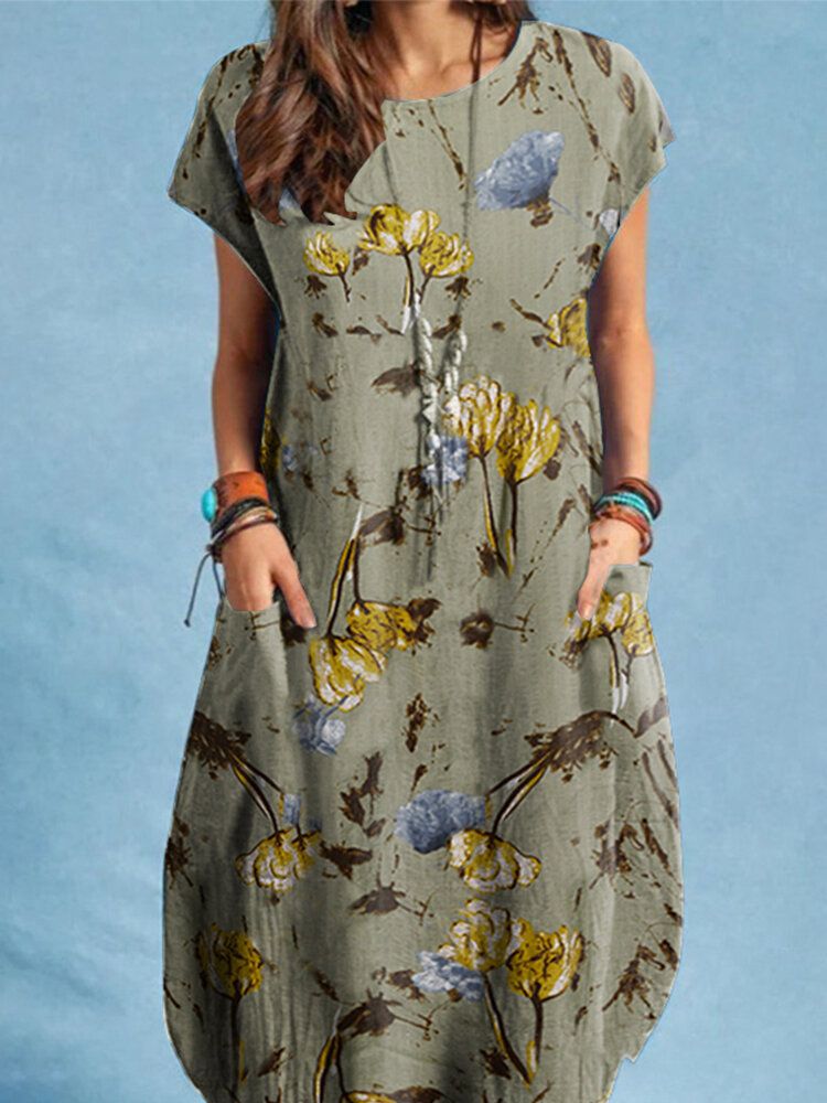 Plant Print Pocket Kortärmad Casual Midiklänning