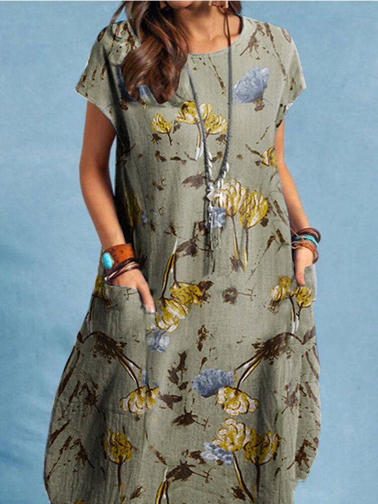 Plant Print Pocket Kortärmad Casual Midiklänning