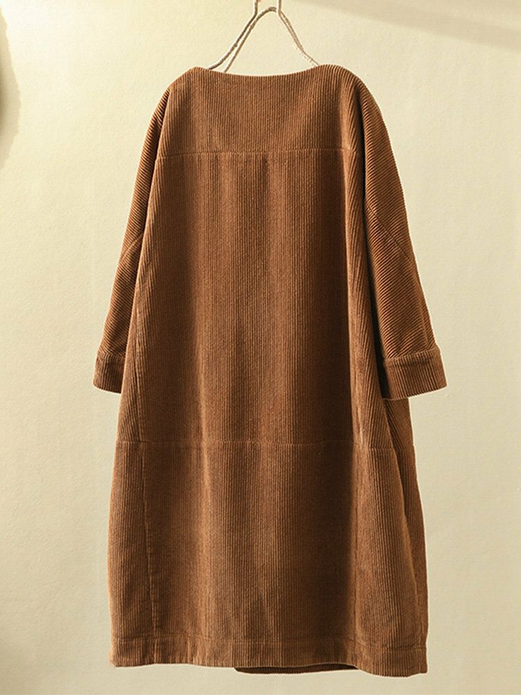 Plus Size Enfärgad Corduroy Crew Neck Vintage Loose Fit Klänning