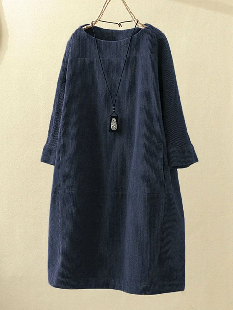 Plus Size Enfärgad Corduroy Crew Neck Vintage Loose Fit Klänning