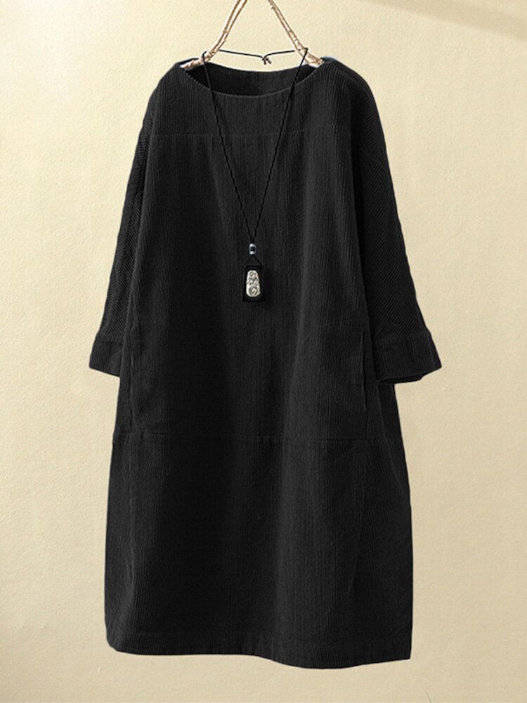 Plus Size Enfärgad Corduroy Crew Neck Vintage Loose Fit Klänning