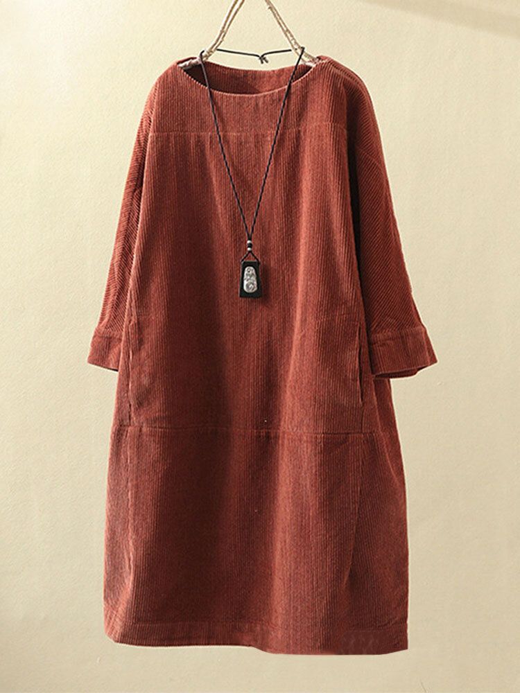 Plus Size Enfärgad Corduroy Crew Neck Vintage Loose Fit Klänning