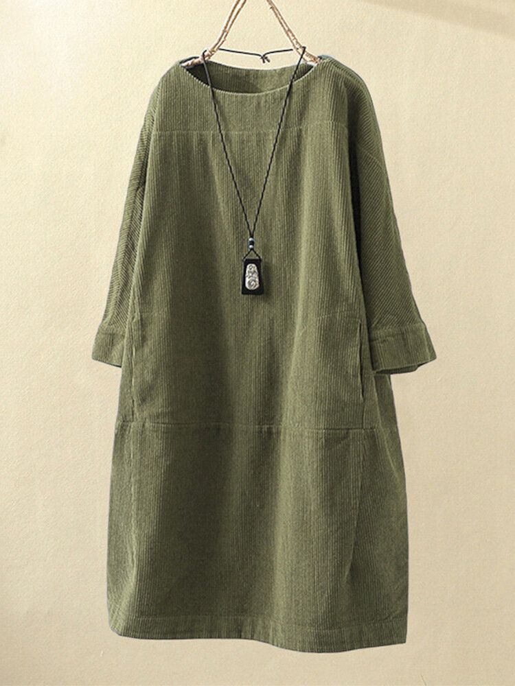 Plus Size Enfärgad Corduroy Crew Neck Vintage Loose Fit Klänning