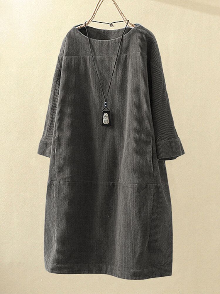 Plus Size Enfärgad Corduroy Crew Neck Vintage Loose Fit Klänning