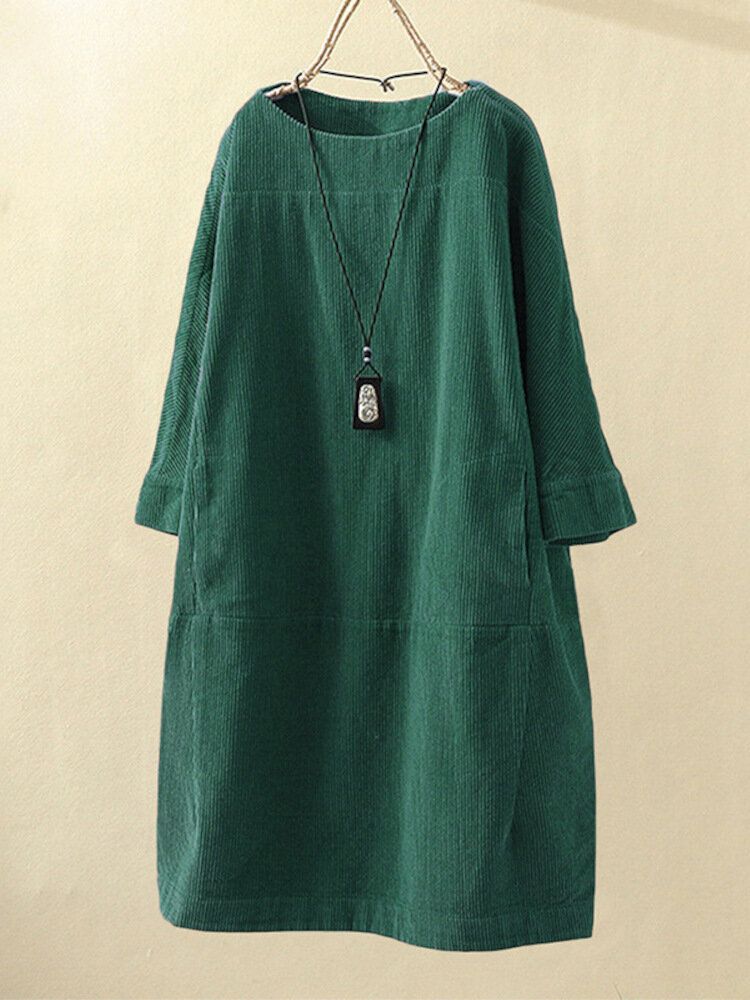Plus Size Enfärgad Corduroy Crew Neck Vintage Loose Fit Klänning