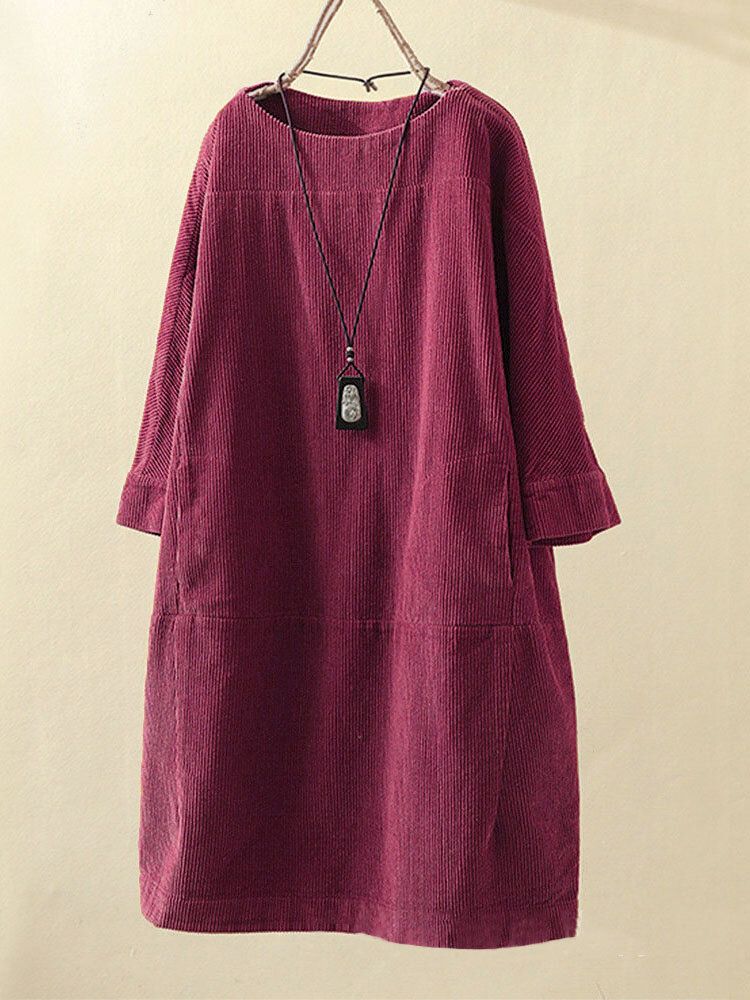 Plus Size Enfärgad Corduroy Crew Neck Vintage Loose Fit Klänning