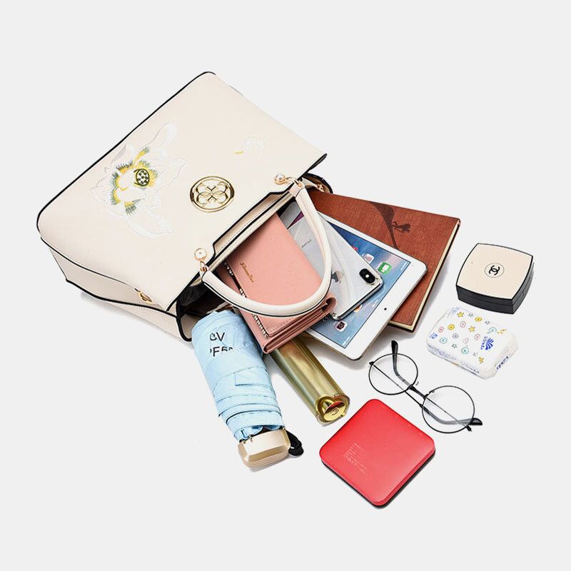 Dam Vintage Kinesisk Stil Gardenia Flower Brodered Handväska Stor Kapacitet Multi-ficka Multi-bära Pu Leahter Crossbody Bag