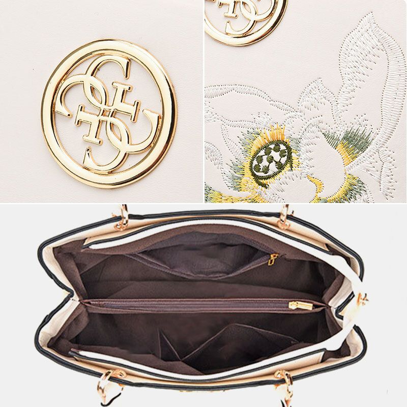 Dam Vintage Kinesisk Stil Gardenia Flower Brodered Handväska Stor Kapacitet Multi-ficka Multi-bära Pu Leahter Crossbody Bag
