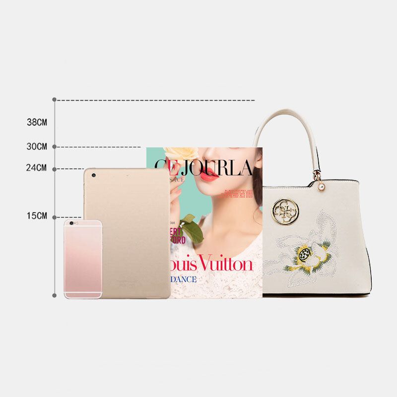 Dam Vintage Kinesisk Stil Gardenia Flower Brodered Handväska Stor Kapacitet Multi-ficka Multi-bära Pu Leahter Crossbody Bag