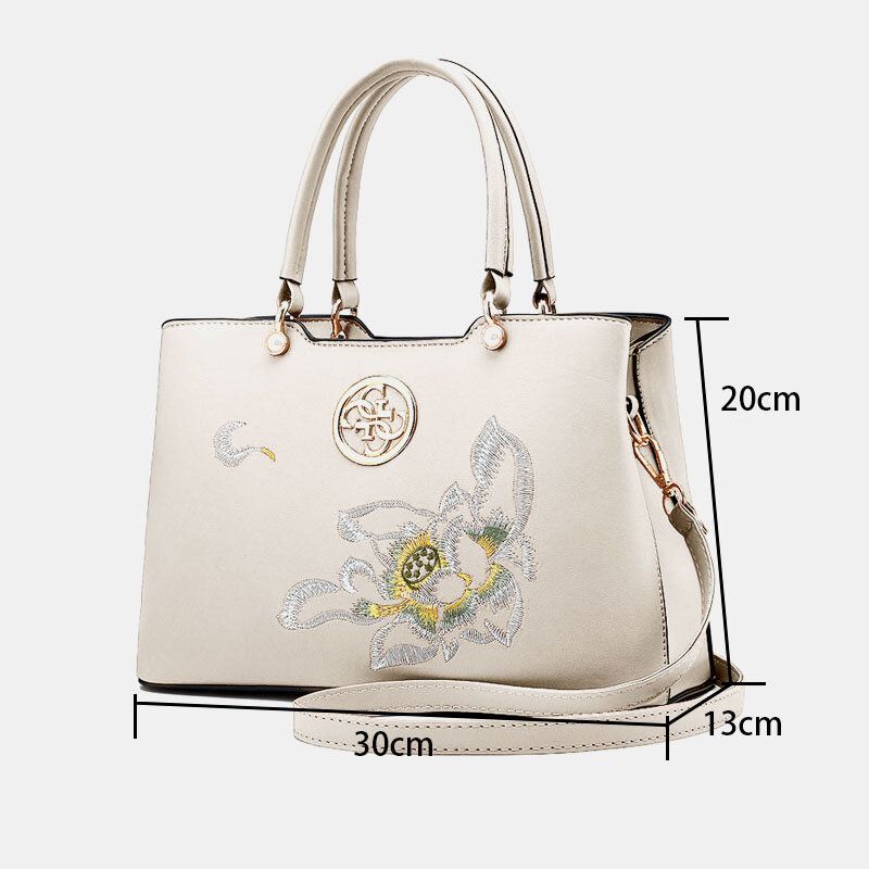 Dam Vintage Kinesisk Stil Gardenia Flower Brodered Handväska Stor Kapacitet Multi-ficka Multi-bära Pu Leahter Crossbody Bag