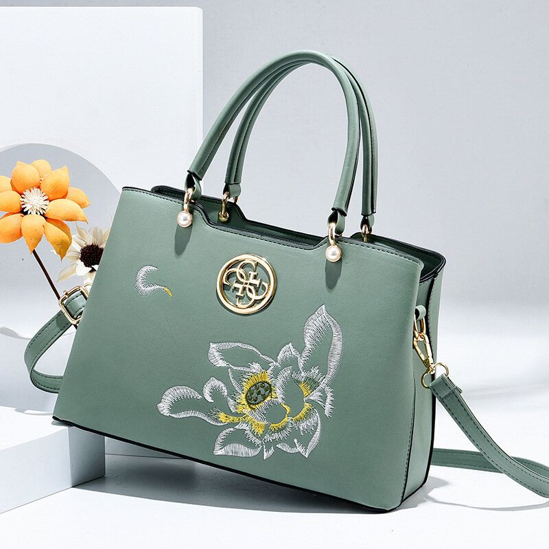 Dam Vintage Kinesisk Stil Gardenia Flower Brodered Handväska Stor Kapacitet Multi-ficka Multi-bära Pu Leahter Crossbody Bag