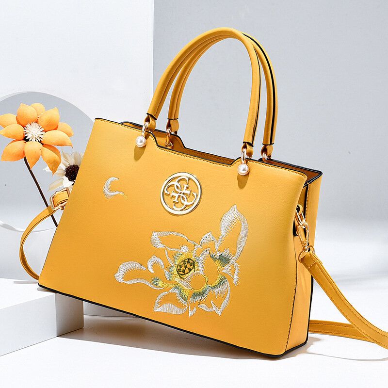 Dam Vintage Kinesisk Stil Gardenia Flower Brodered Handväska Stor Kapacitet Multi-ficka Multi-bära Pu Leahter Crossbody Bag