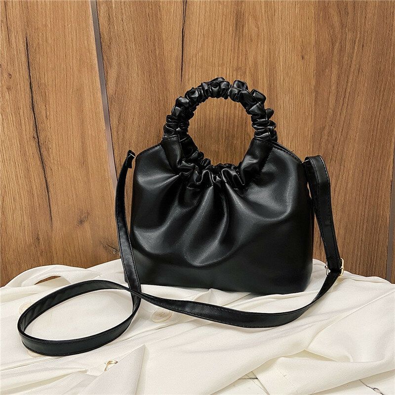 Kvinnor Pu Läder Enfärgad Skal-form Ruched Bag Handväska Satchel Bag Axelväska Crossbody Bag
