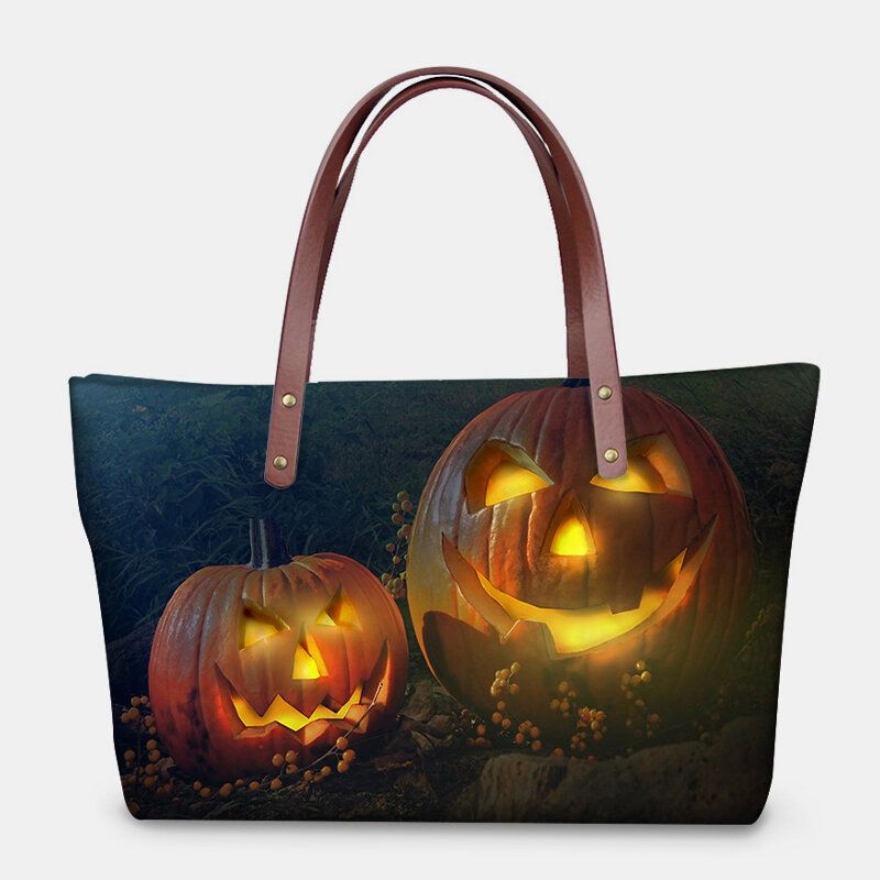 Kvinnor Pu Läder Neopren Halloween Style Pumpa Skull Festival Mönster Stor Kapacitet Mamma Väska Studentväska Axelväska Handväska