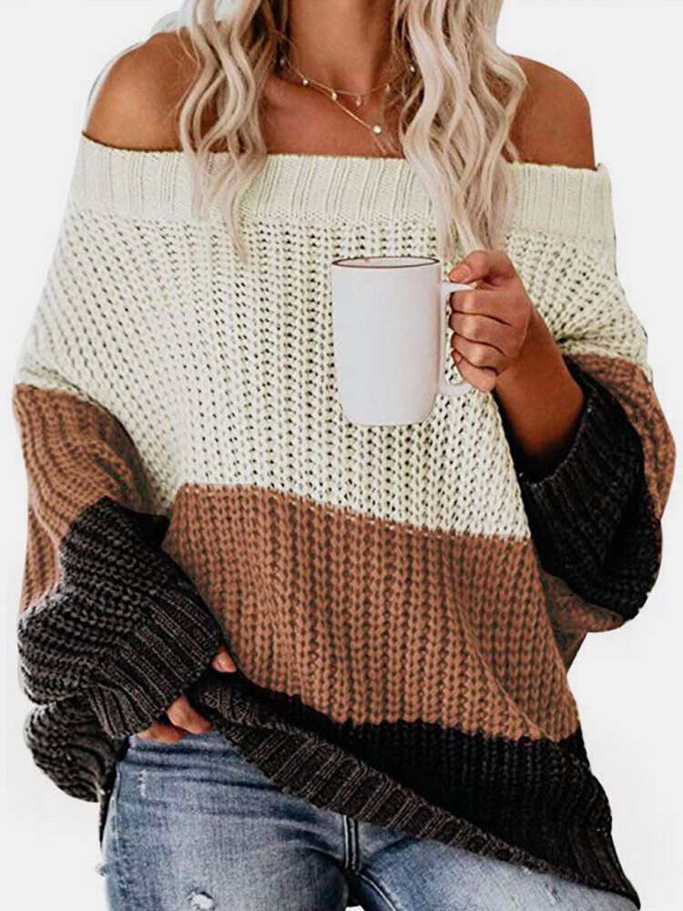 Dam Color Block Patchwork Stickade Off Shoulder Casual Tröjor