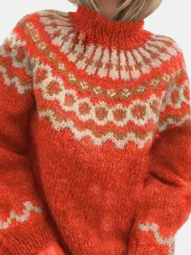 Dam Jacquardtryckt Casual High Neck Pullover Stickad Pullover Tröja