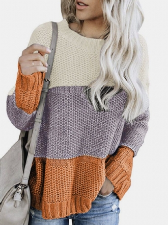 Dam Kontrastfärg Patchwork Rundhalsad Långärmad Stickad Casual Tröja