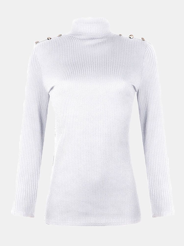Dam Turtleneck Enfärgad Knapp Långärmad Basic Tröja