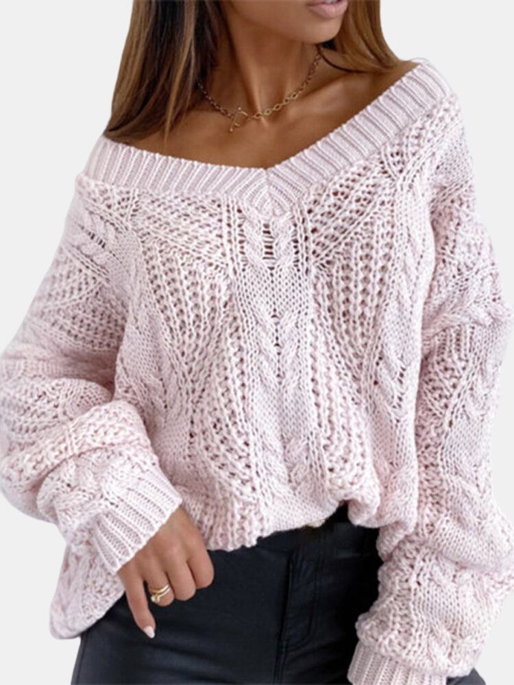 Dam V-ringad Enfärgad Stickning Hollow Out Casual Tröjor