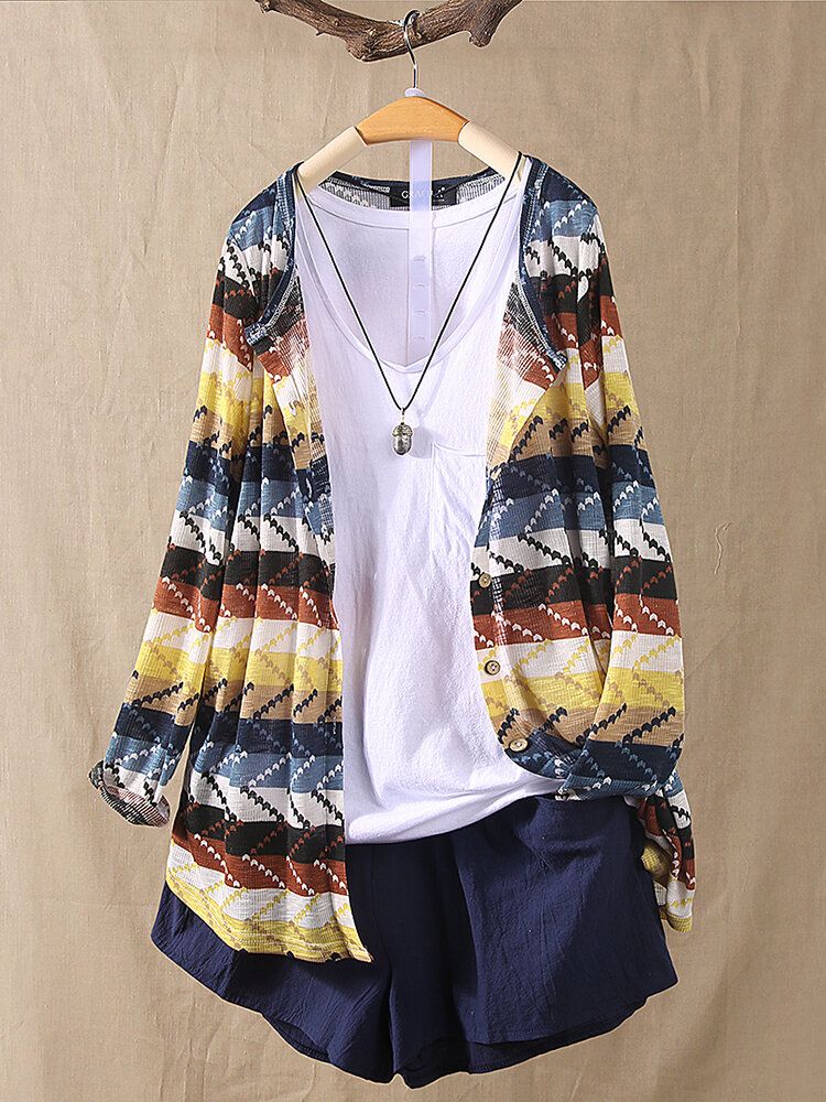 Damfärg Patchwork Randiga Stickade Långärmade Cardigans