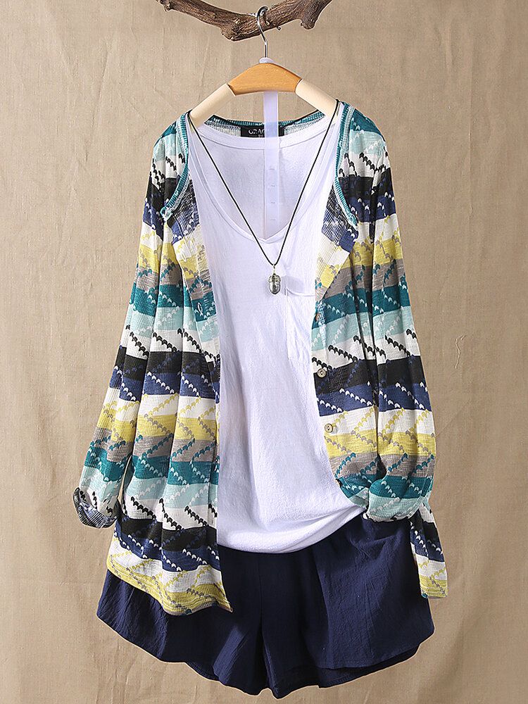 Damfärg Patchwork Randiga Stickade Långärmade Cardigans