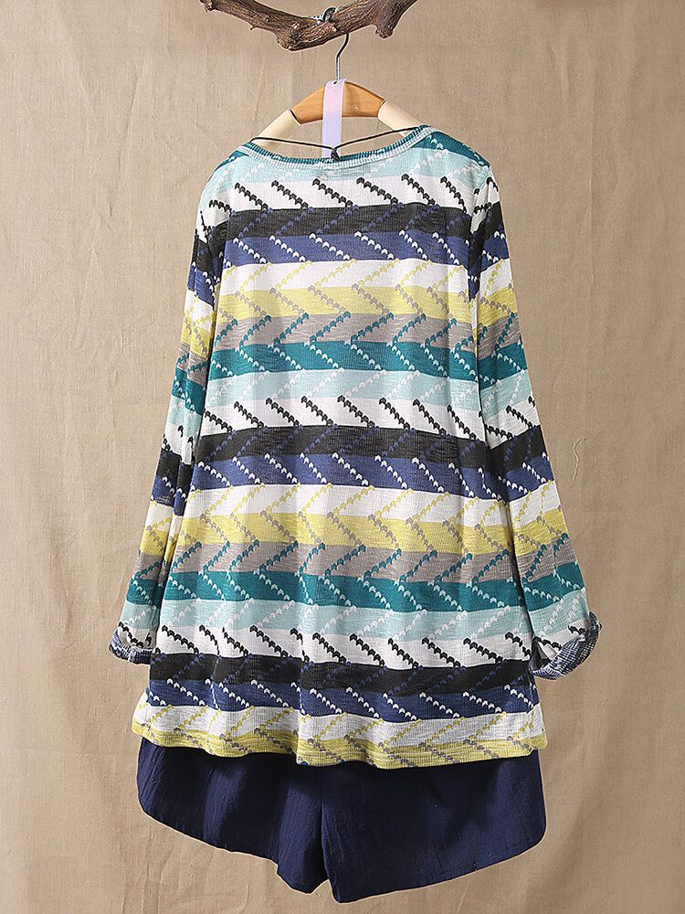 Damfärg Patchwork Randiga Stickade Långärmade Cardigans