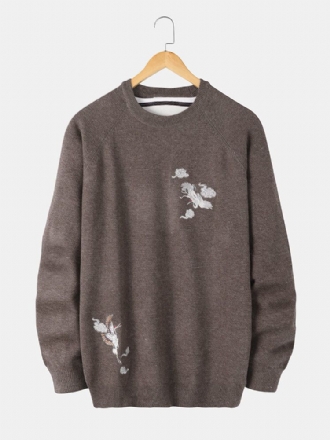 Herr Chinoiserie Crane Brodery Raglan Ärm Varma Stickade Tröjor