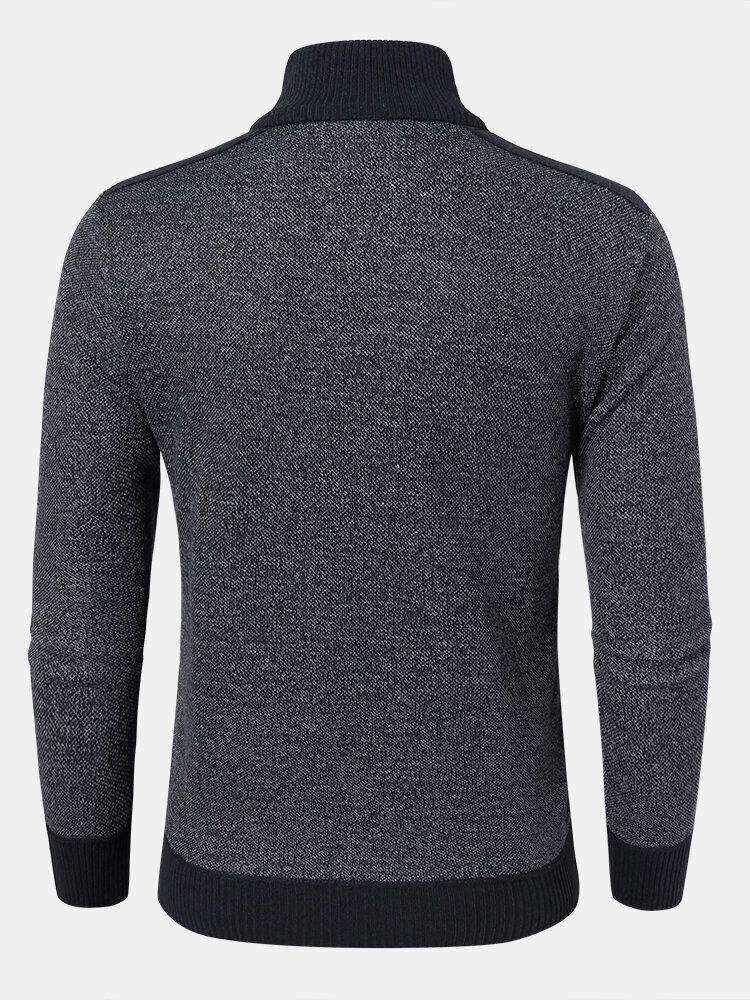 Män Stickad Pure Solid Pullover Zip Stand Krage Sammeter Varm Tröja