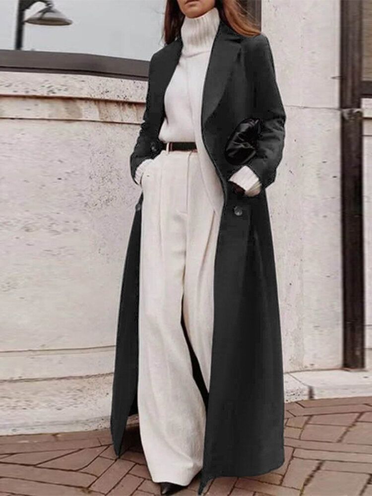 Kvinnor Pure Color Lapel Långärmad Longline Button Casual Snygg Kappa