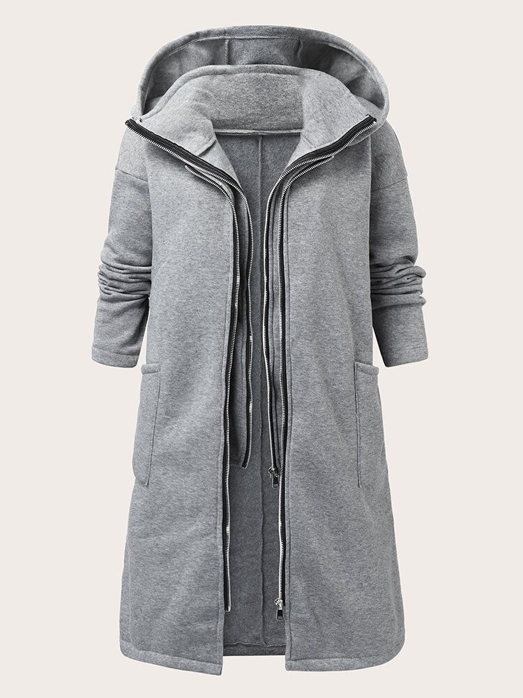 Kvinnor Solid Zip Front Fakes 2st Pocket Hooded Casual Coat