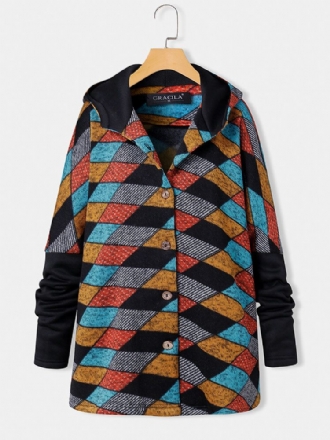 Kvinnor Vintage Geometric Color Block Print Patchwork Långärmade Hood Coats