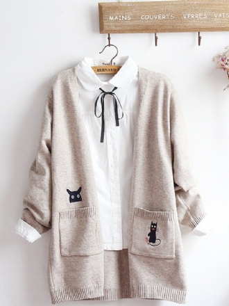 Broderi Cat Stickad Långtröja Cardigans