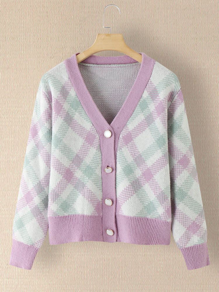 Dam Rutig V-ringad Stickad Elastisk Manschett Color Block Cardigan