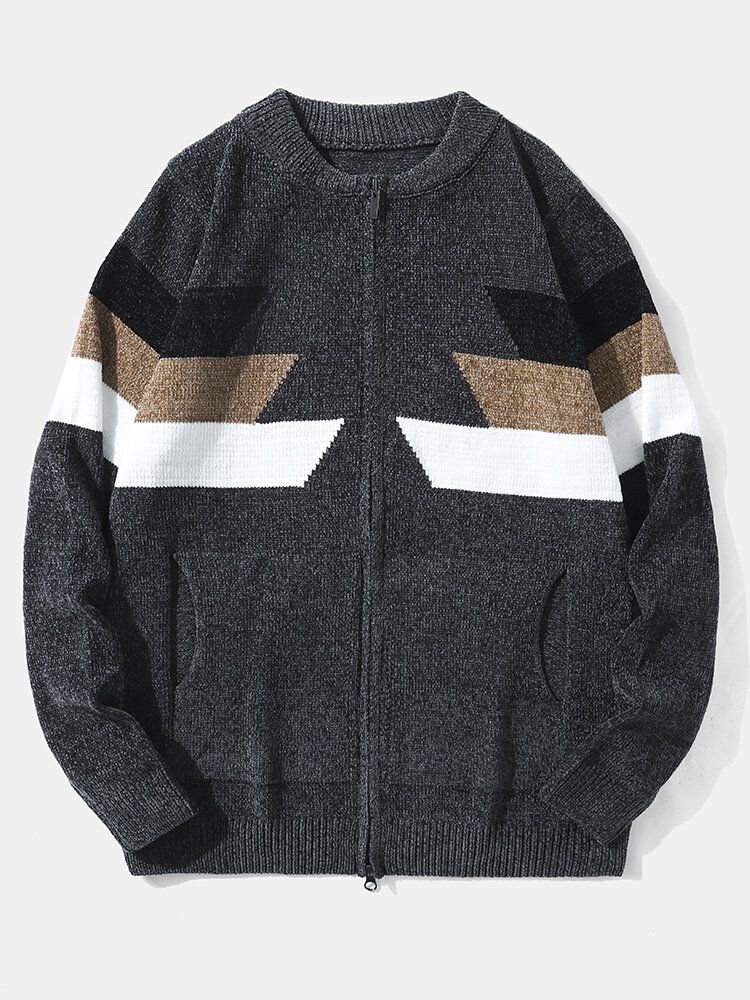 Herr Chenille Kontrastremsa Fickor Dragkedja Cardigans Tröjor Cardigans