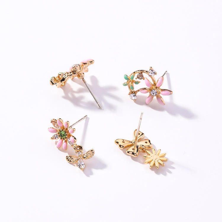 Sweet Flower Butterfly Stud Örhängen Anallergic Sterling Silver Needle Rhinestone Damörhängen