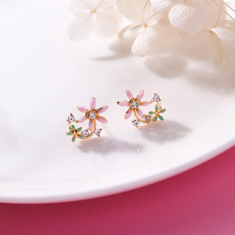 Sweet Flower Butterfly Stud Örhängen Anallergic Sterling Silver Needle Rhinestone Damörhängen