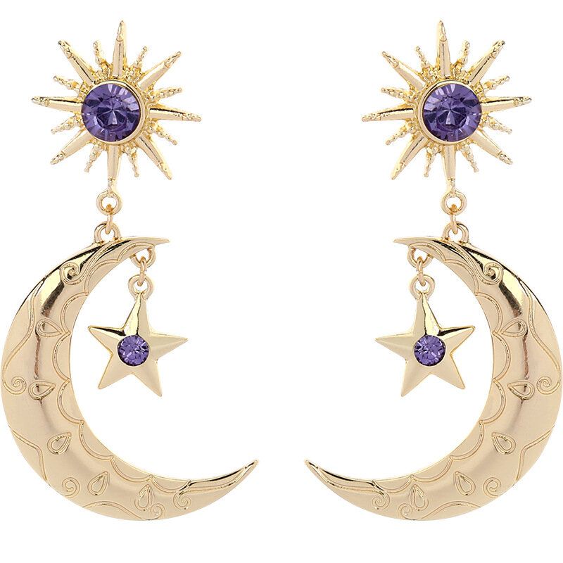 Trendig Sun Moon Star Big Ear Drop Örhänge Lila Strass Örhängen För Kvinnor